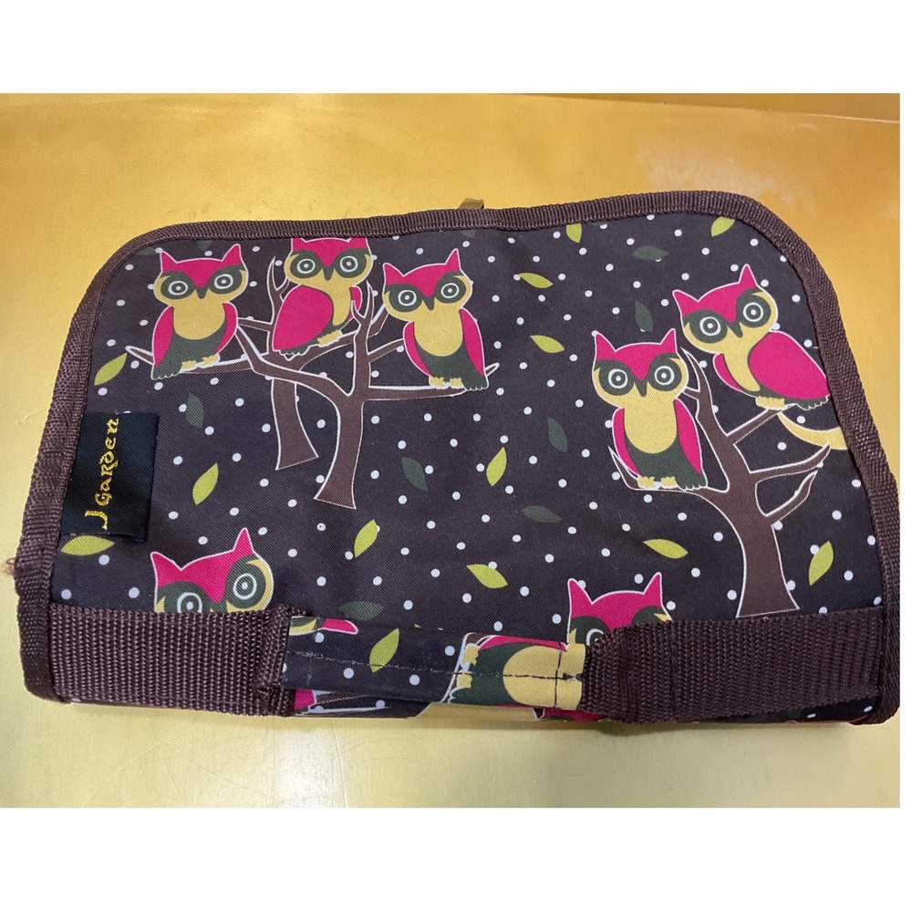 J. Garden Owl Print Hanging Toiletry Bag Tri-Fold Travel Organizer Brown Pink